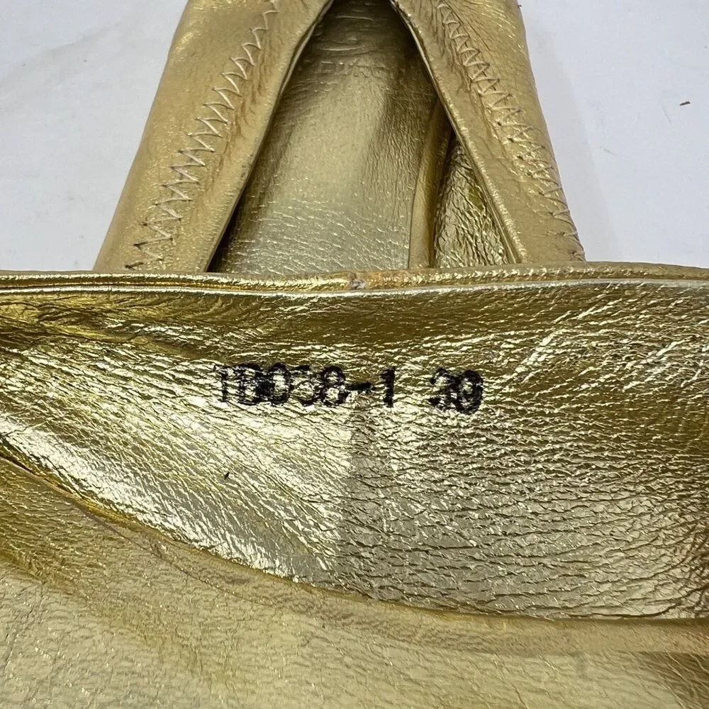 TORY BURCH Reva Gold Leather Flat Ballet Ballerina Shoes with T-Logo Women's 8.5